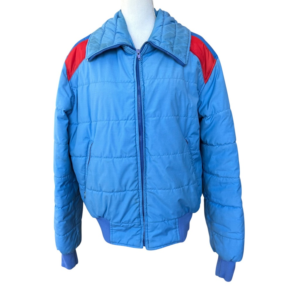 Vintage Swing West Puffer Jacket Mens Blue Red Quilted Made in USA Full Zip L